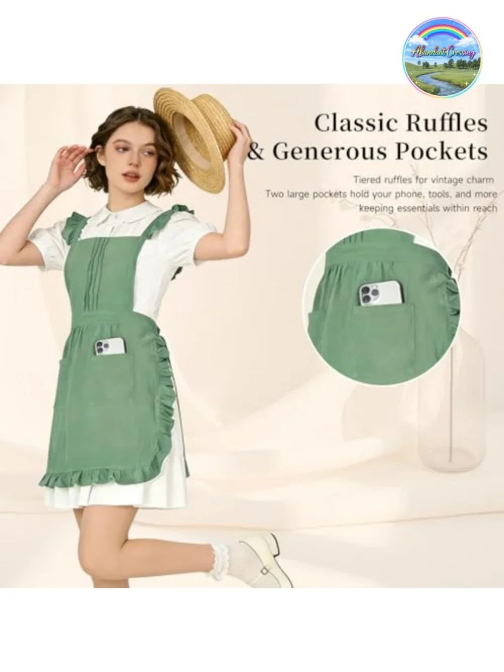 Vintage Ruffle Waist Apron with 2 Pockets, Cotton Tie Strap, Full Coverage